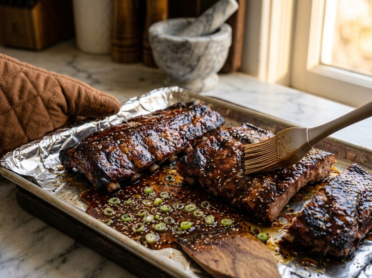 Basting spare ribs with honey garlic glaze on a foil-lined baking sheet before broiling