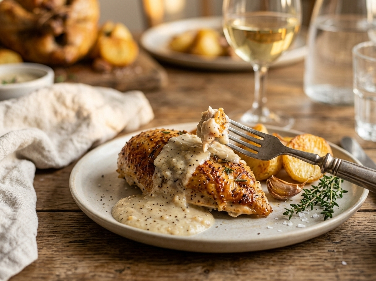 Plated roasted guinea fowl carved with bread sauce, roast potatoes, and a glass of white wine on linen