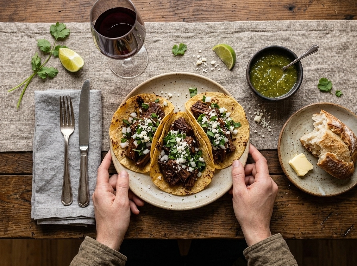 Platter of short rib tacos served on a rustic table with lime wedges, salsa verde, and a glass of wine