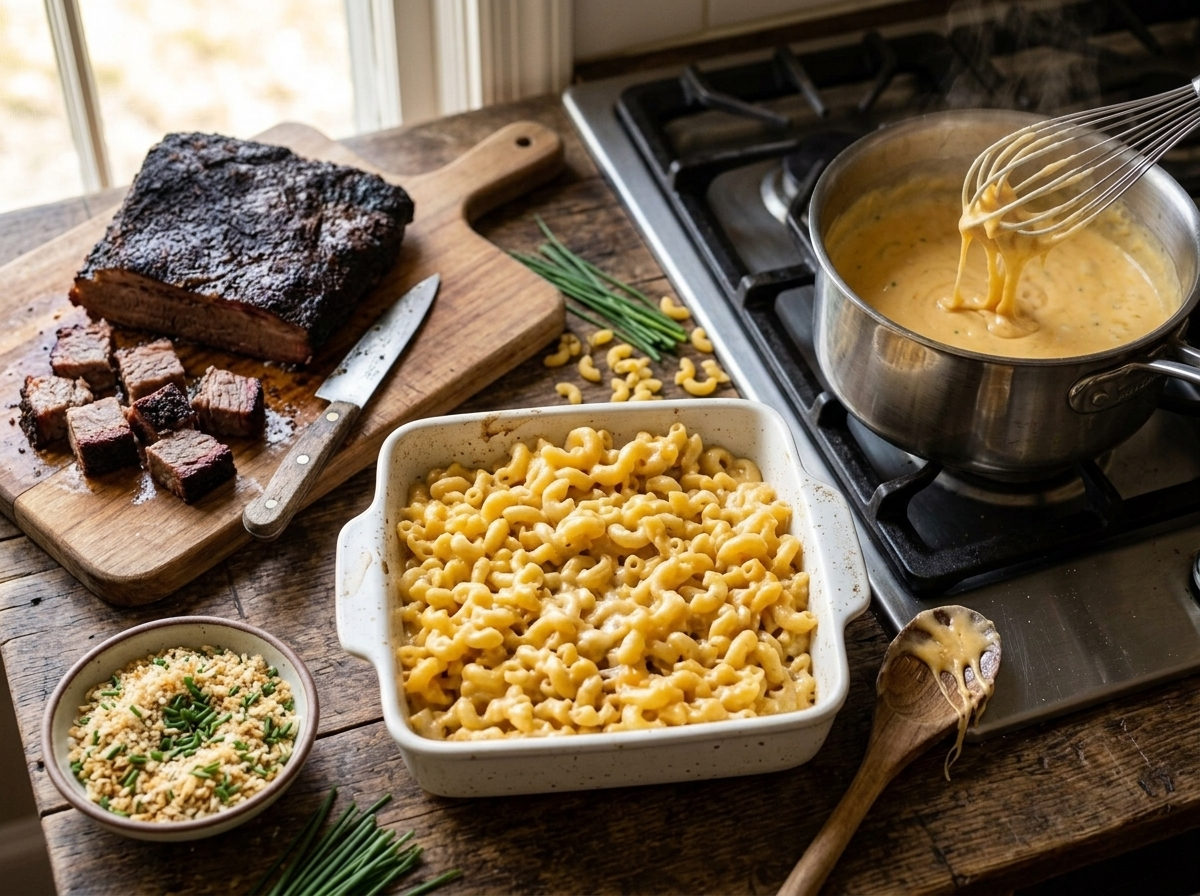 Stirring melted cheddar and Gruyère cheese sauce in a pot for smoked brisket mac and cheese