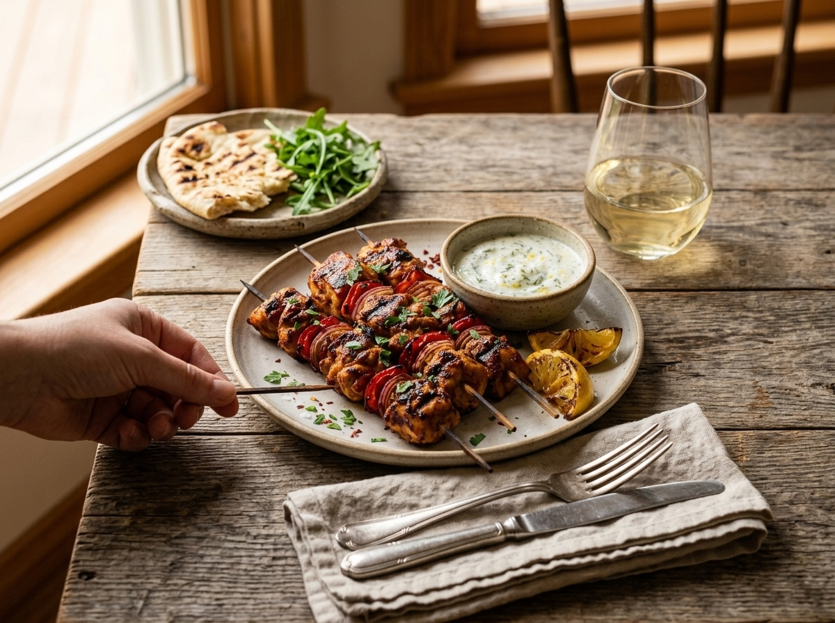 Plated harissa chicken skewers with flatbread and yogurt sauce on a linen-covered table at golden hour