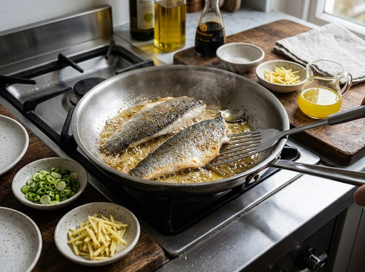 Sea bass fillets searing skin-side down in a stainless steel skillet with a fish spatula pressing them flat