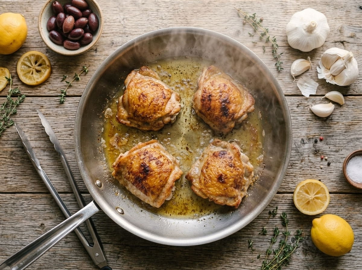 Chicken thighs searing skin-side down in a skillet, fat rendering as the skin turns deep golden brown