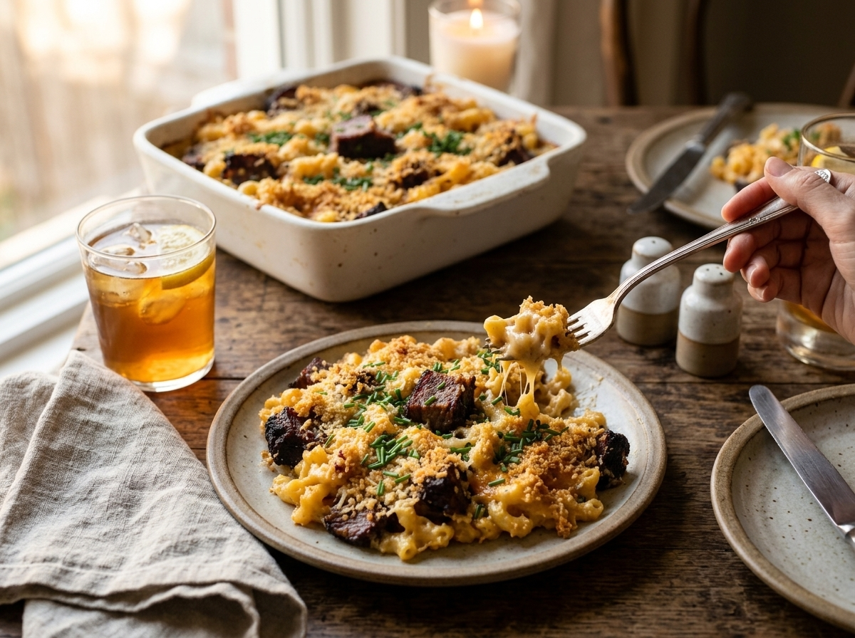 Plated smoked brisket mac and cheese with a cheesy fork pull and linen napkin on a picnic table