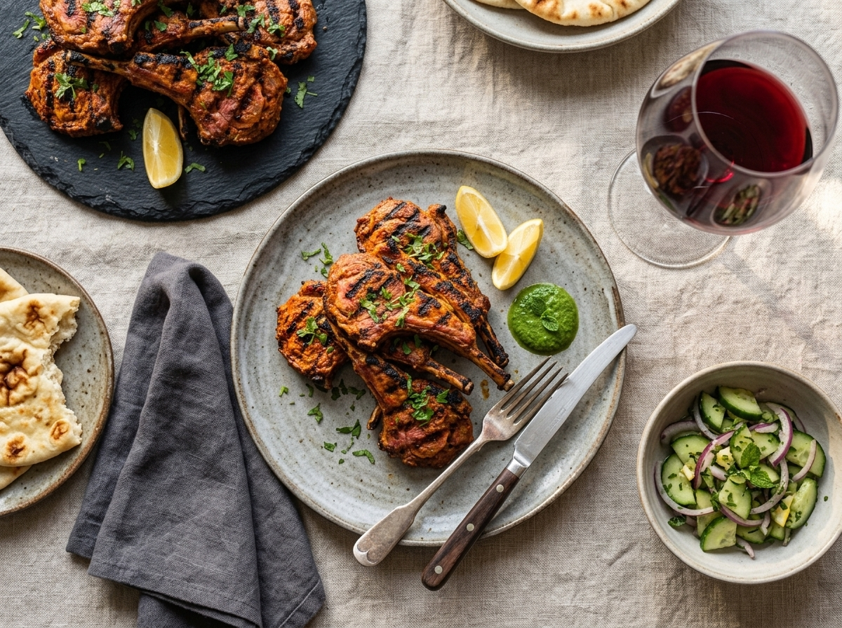 Plate of tandoori grilled lamb cutlets served with cucumber salad and red wine on a linen-covered table