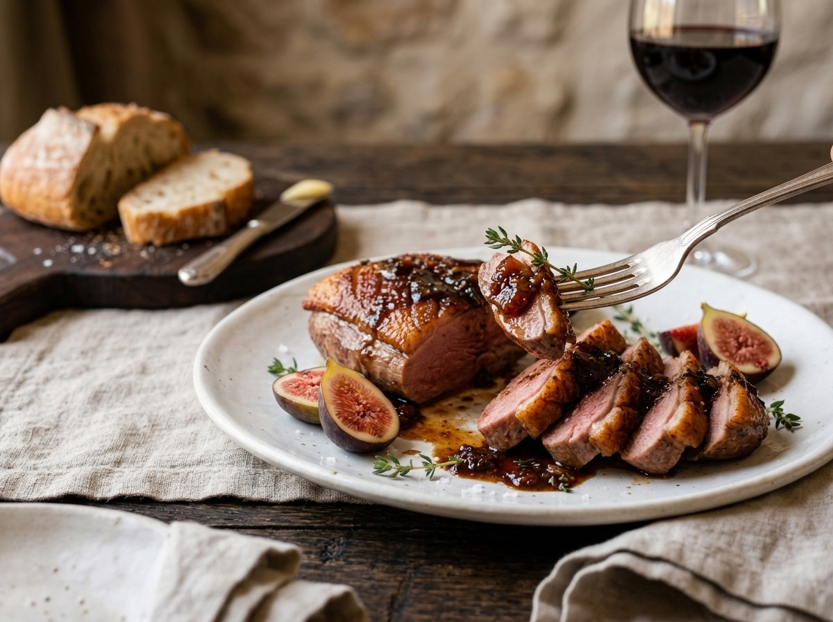 Plated pan-seared duck breast with fig glaze on a linen table setting alongside a glass of red wine