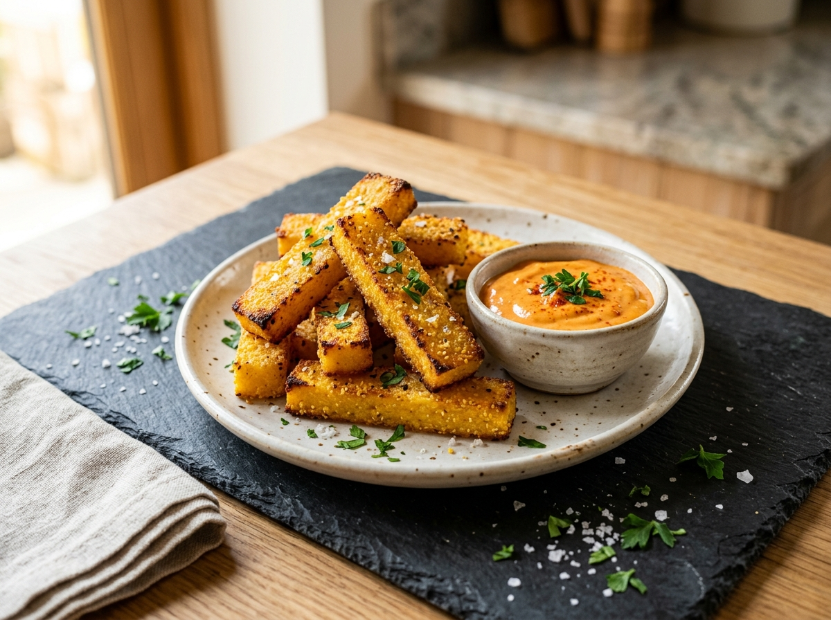 Stack of golden crispy polenta chips on a slate board with a bowl of spicy sriracha aioli for dipping