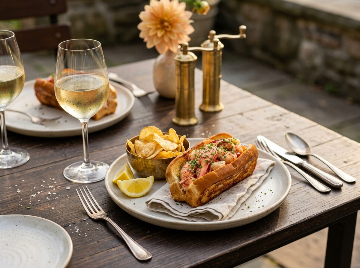 Brown butter lobster roll served on a linen napkin with kettle chips and a glass of chilled white wine
