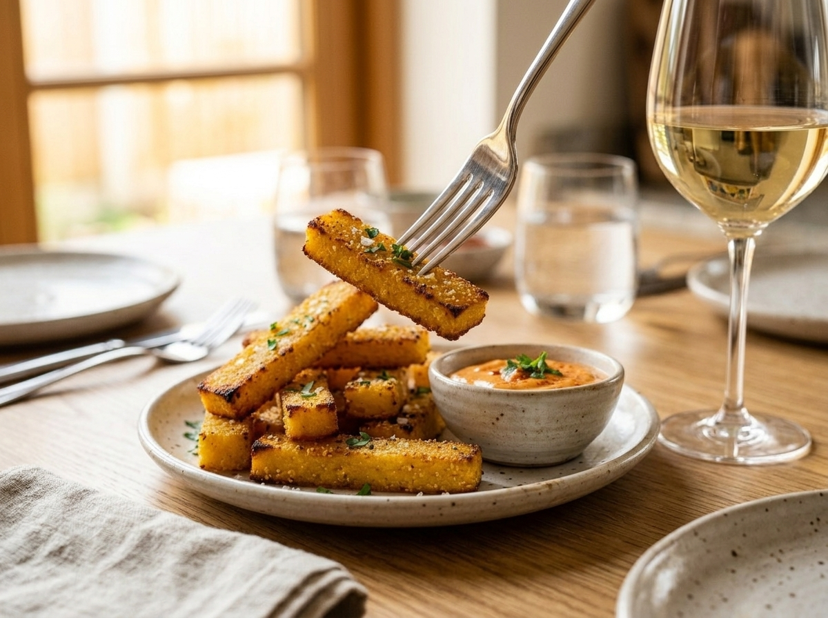 Plate of baked polenta chips with spicy aioli served on a wooden table with wine and linen napkin