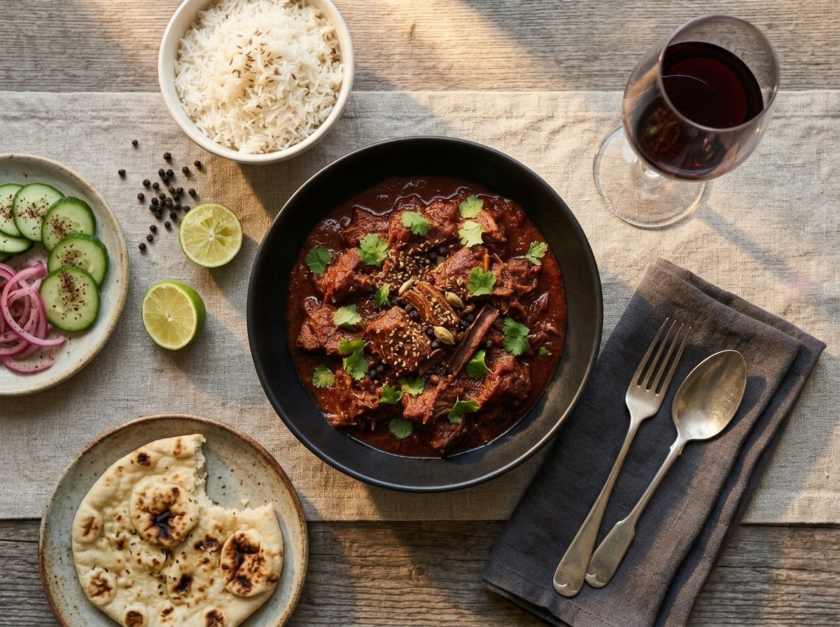 Wooden table set with a bowl of lamb vindaloo, basmati rice, naan, and a glass of wine in warm natural light
