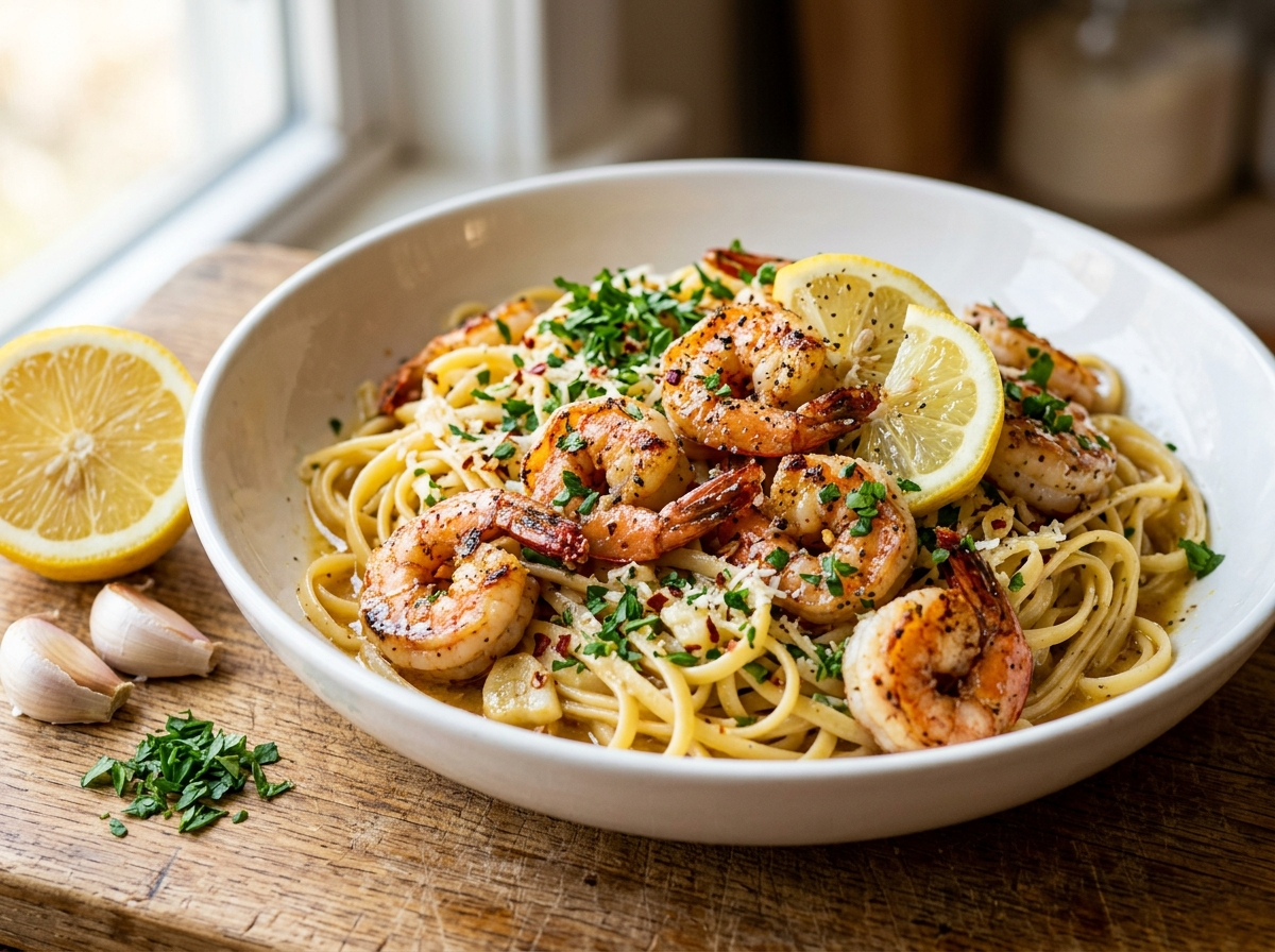 Bowl of lemon garlic butter shrimp scampi tossed with linguine, topped with parsley and lemon wedges on a wooden board