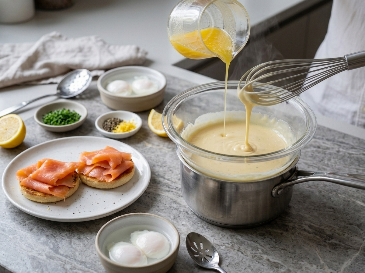 Whisking pale double-boiler hollandaise sauce with melted butter over simmering water in a glass bowl