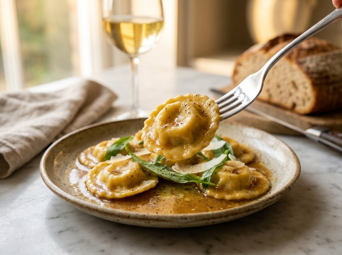 Plate of wild garlic ricotta ravioli served with white wine and crusty bread on a marble table in warm light