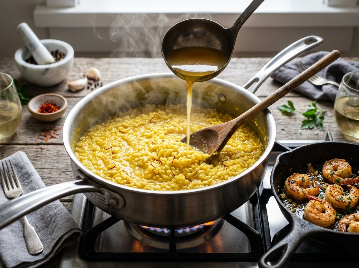 Wooden spoon stirring golden saffron risotto in a steel saucepan as warm stock is ladled in