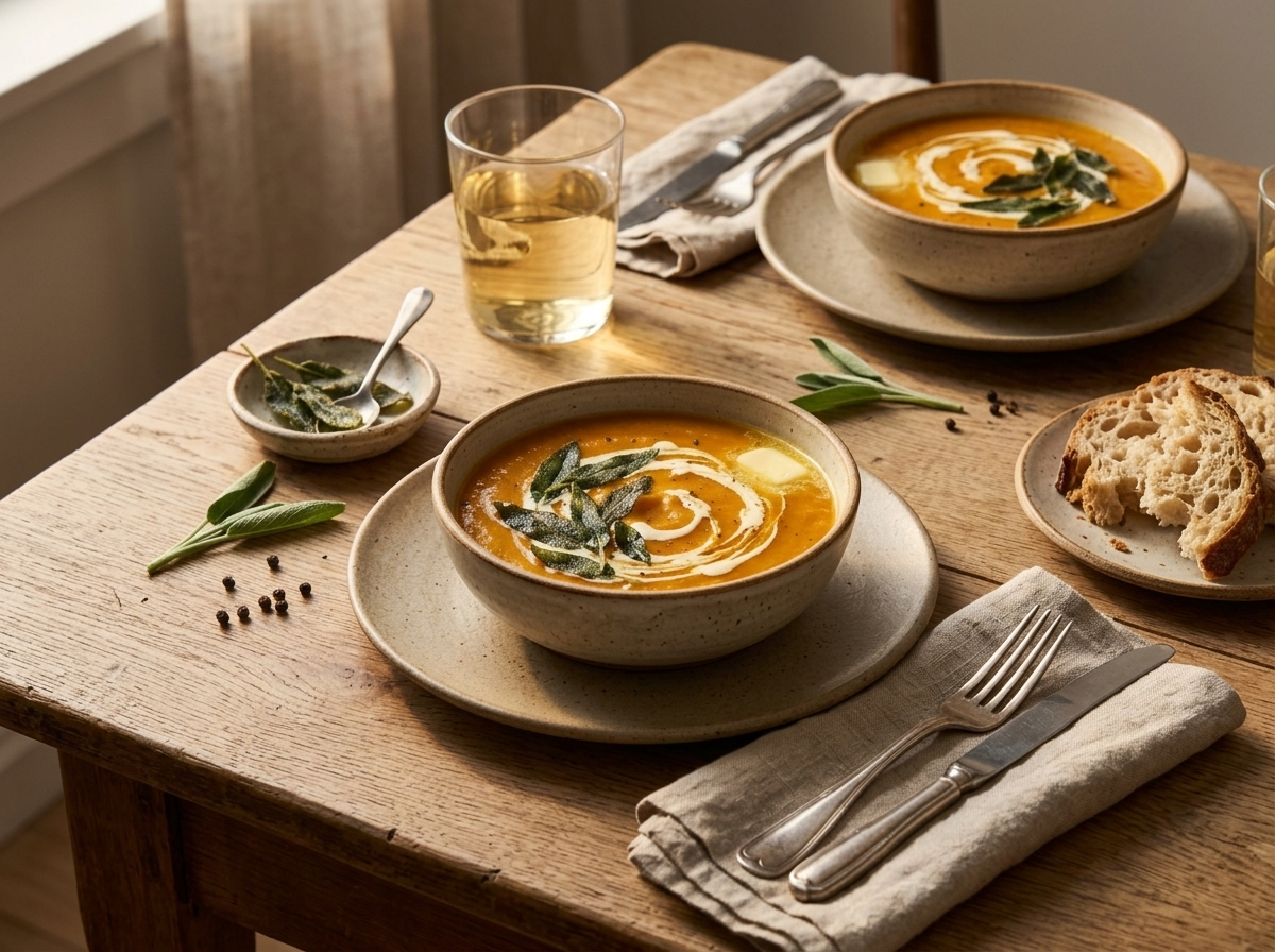 Two bowls of butternut sage soup served with crusty bread and white wine on a linen-topped wooden table