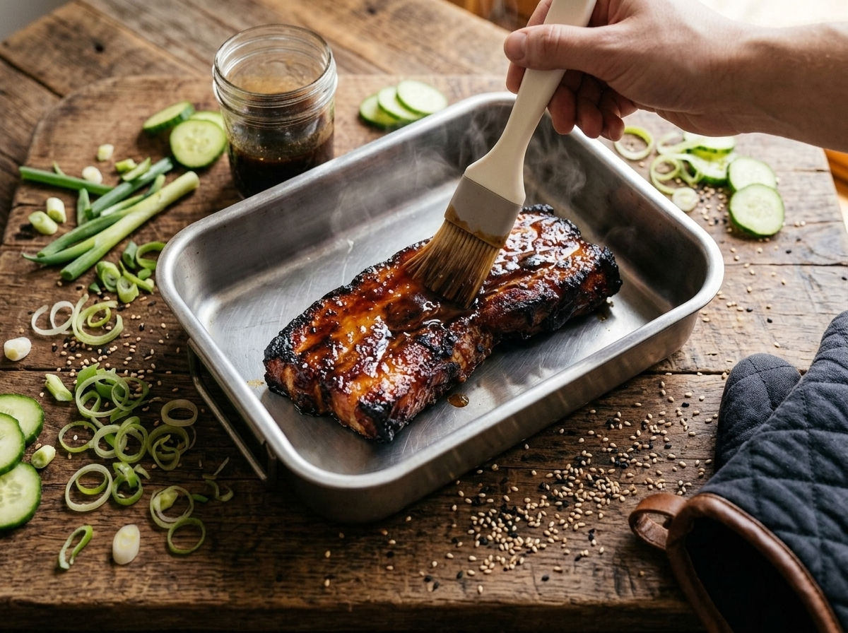 Hand brushing maple soy glaze over a roasted pork belly slab in a metal roasting pan with caramelized edges