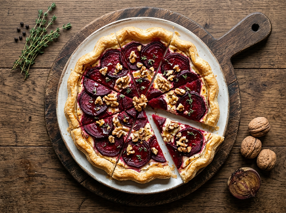 Sliced roasted beetroot and goat cheese tart on a wooden board with walnuts and a honey drizzle