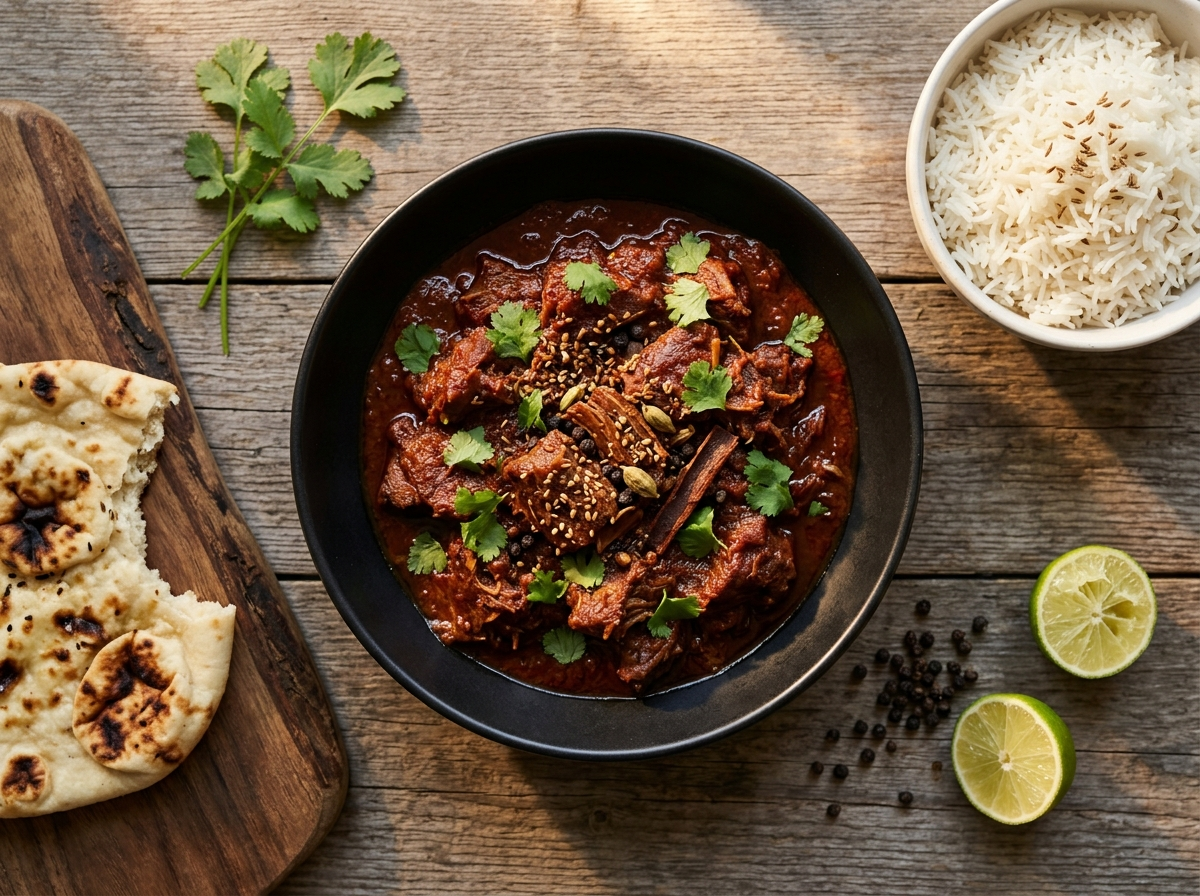Bowl of slow cooker lamb vindaloo with tender lamb chunks in dark vinegar-chili sauce, garnished with cilantro, served with rice