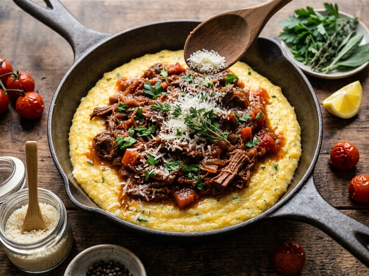 Slow-Braised Beef Ragu with Creamy Parmesan Polenta process shot