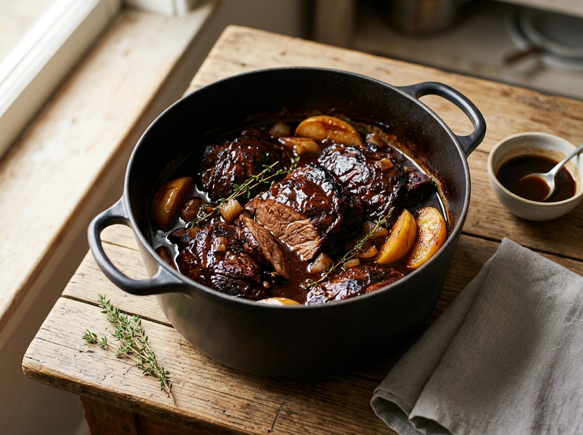 Slow roasted pork cheeks in cider sauce with apple wedges and thyme, served in a Dutch oven on a wooden table