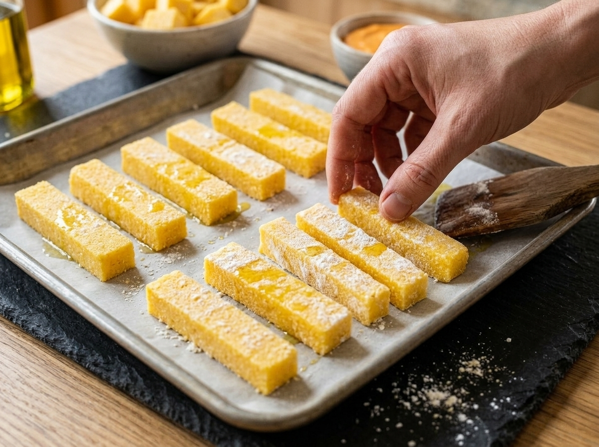 Cut polenta sticks tossed in cornstarch arranged on a parchment-lined sheet pan before baking until crisp