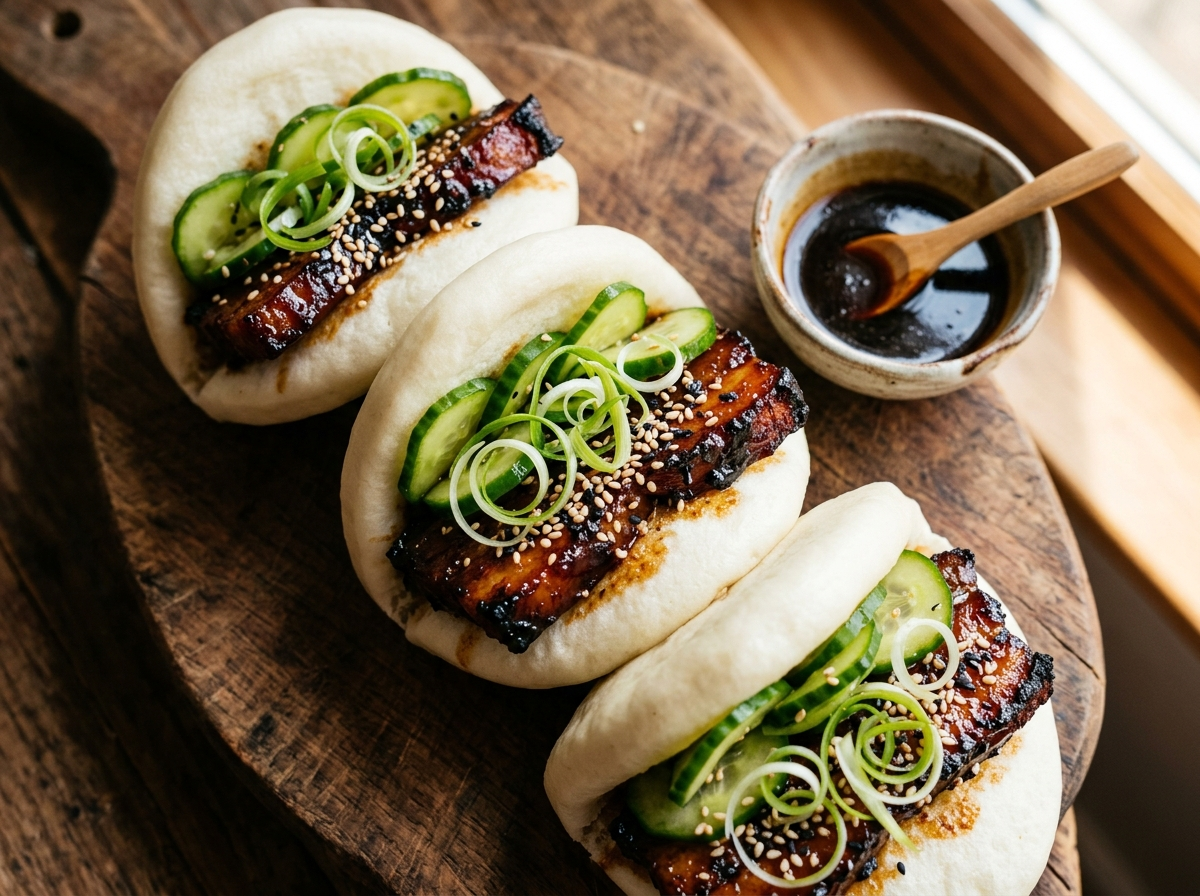 Maple glazed pork belly bao buns filled with sliced pork, pickled cucumber, and scallions on a wooden board