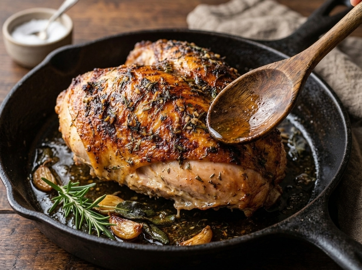 Juicy Roast Garlic Herb Butter Turkey Crown with Crisp Skin process shot