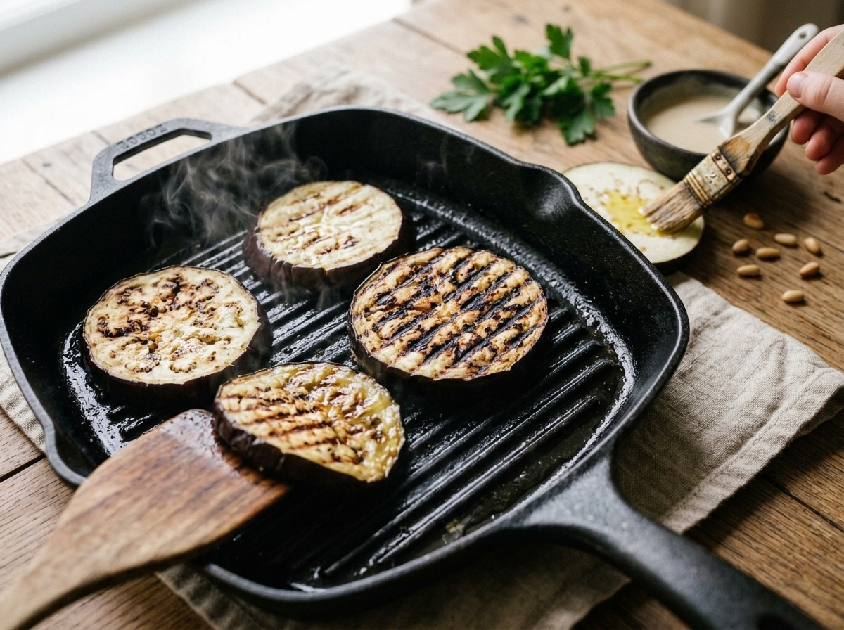 Aubergine rounds developing deep grill marks on a cast iron grill pan with olive oil being brushed on a nearby slice