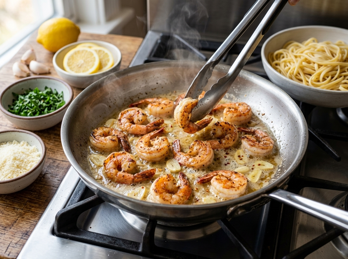 Shrimp searing in butter and garlic in a stainless steel skillet during shrimp scampi preparation