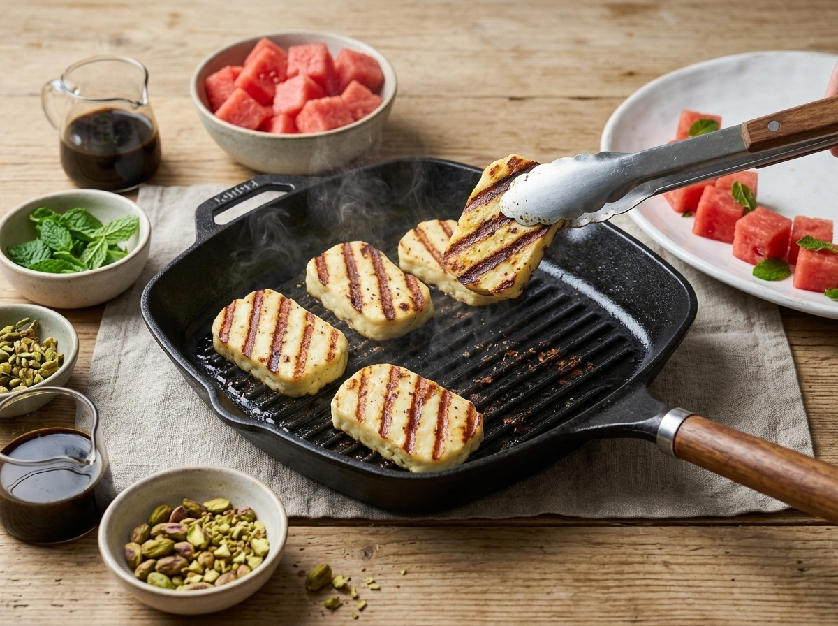 Halloumi slices searing in a cast-iron grill pan with golden grill marks forming during cooking