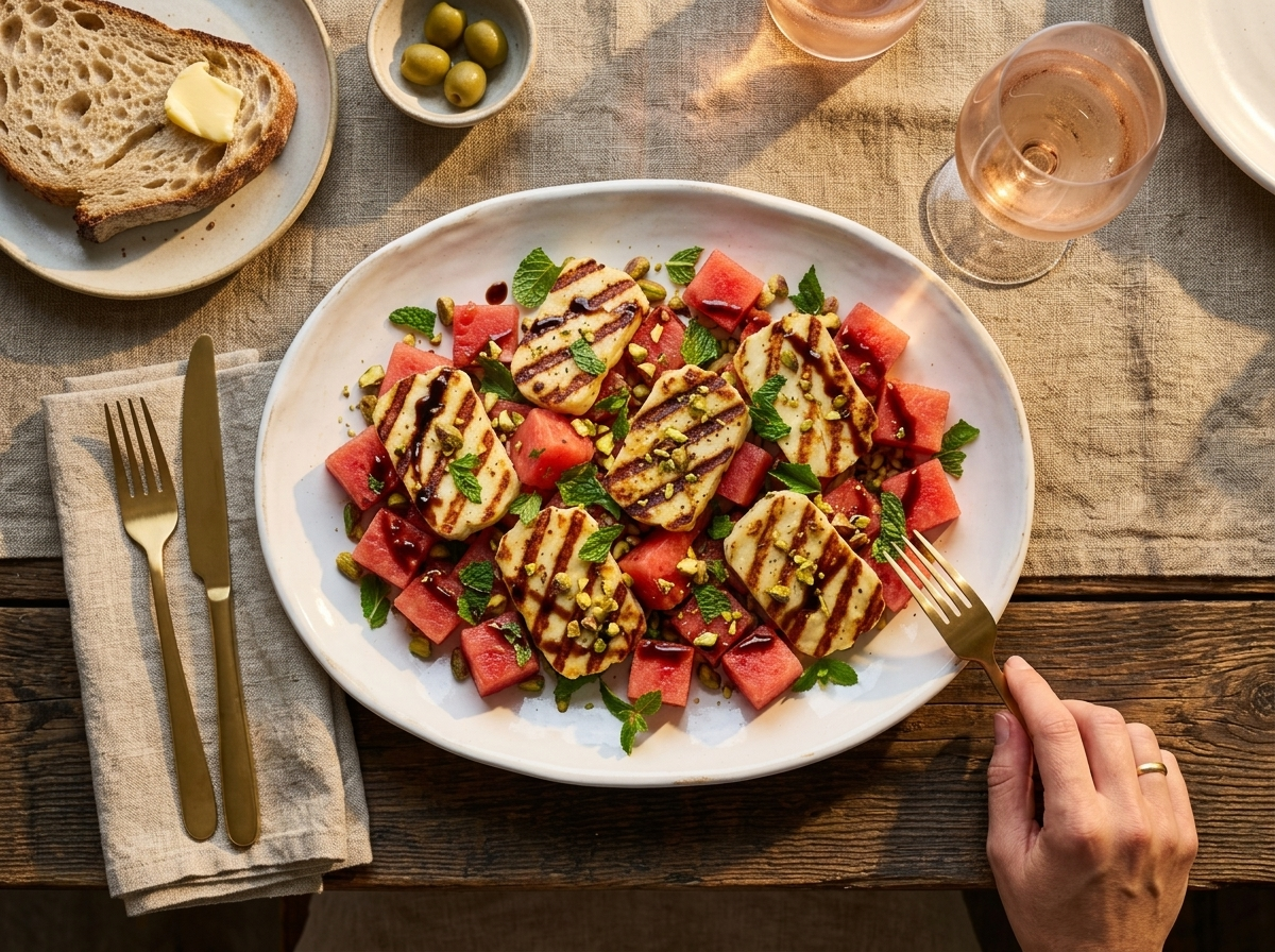 Grilled halloumi and watermelon salad served on a wooden table beside a glass of rosé and linen napkin