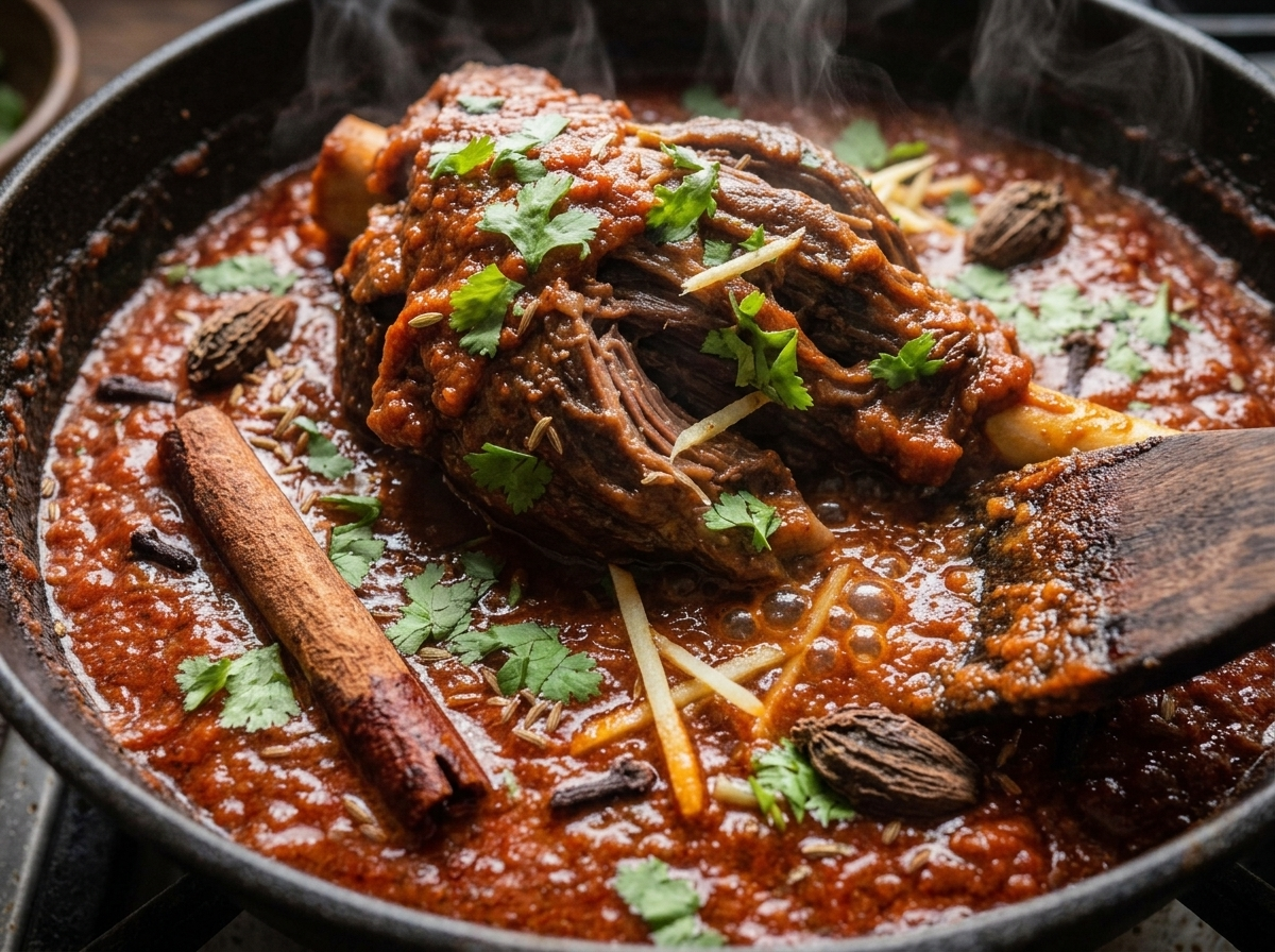 Lamb shanks simmering in Kashmiri chili and yogurt rogan josh sauce in a Dutch oven with a wooden spoon