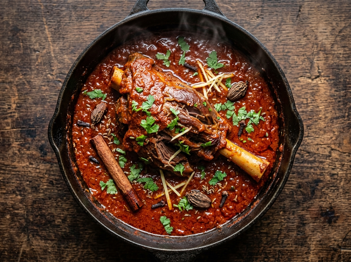 Whole lamb shank braised in brick red Kashmiri rogan josh sauce with whole spices in a cast iron pot
