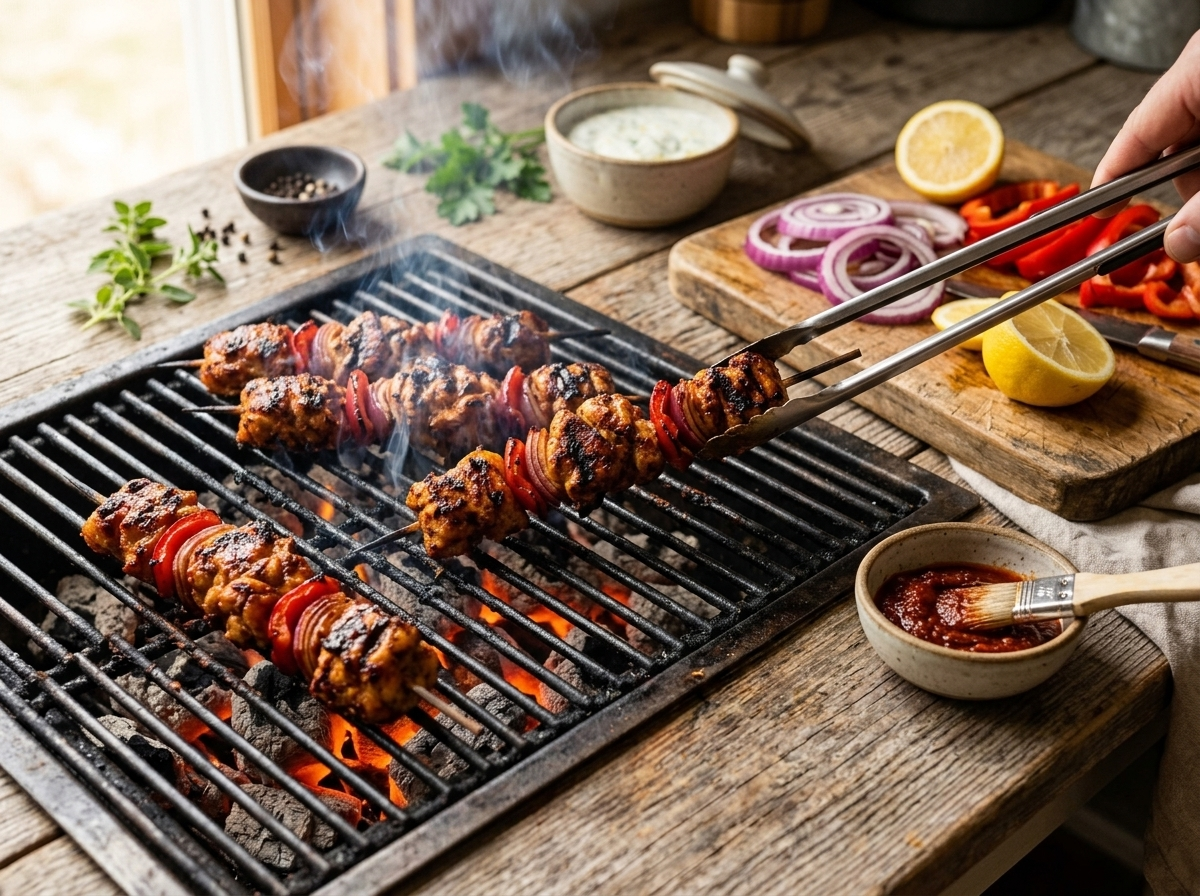 Harissa-marinated chicken skewers charring over an open grill with visible smoke and glowing embers