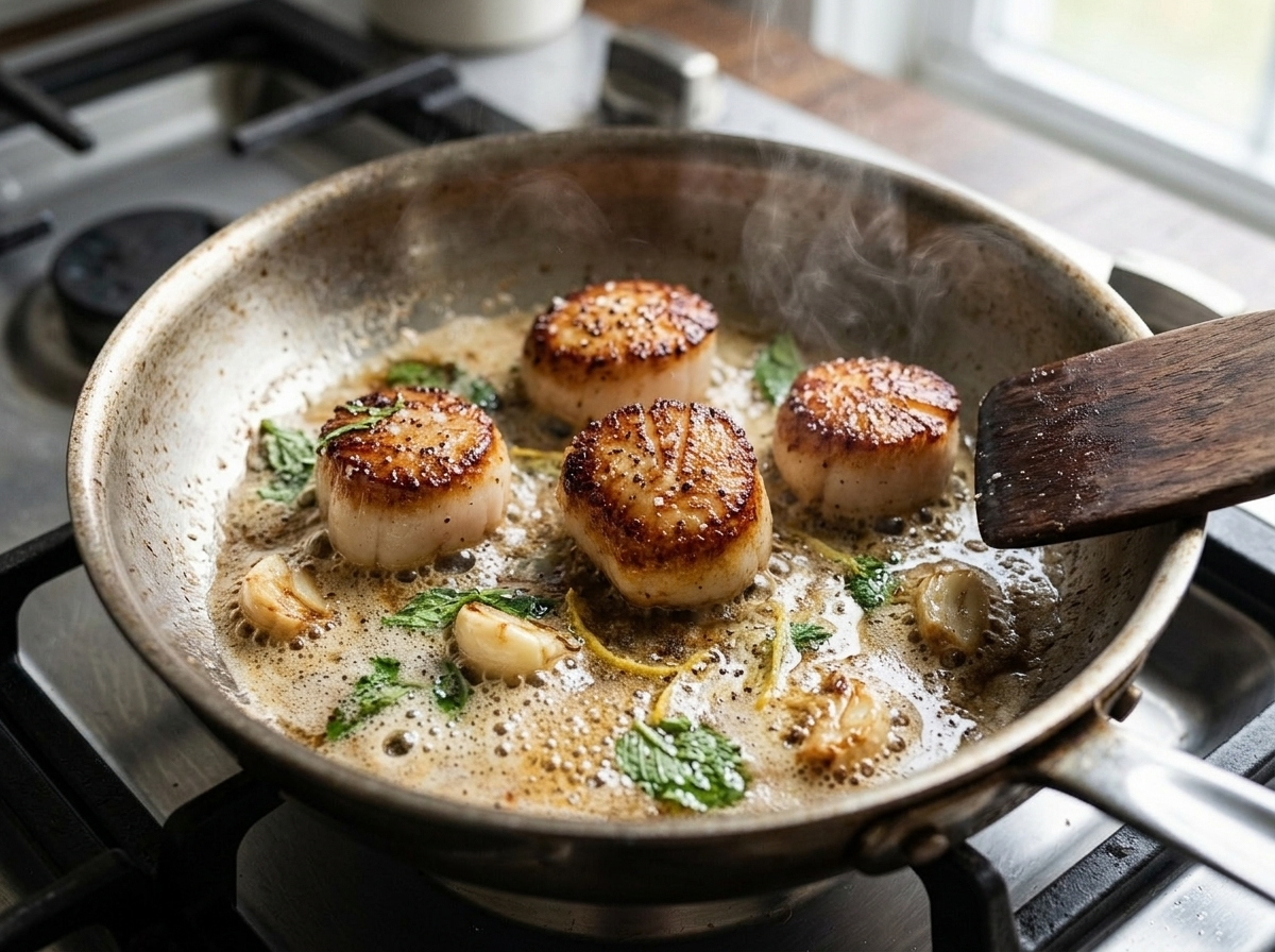 Sea scallops searing in a stainless steel skillet with foaming garlic butter forming a golden crust