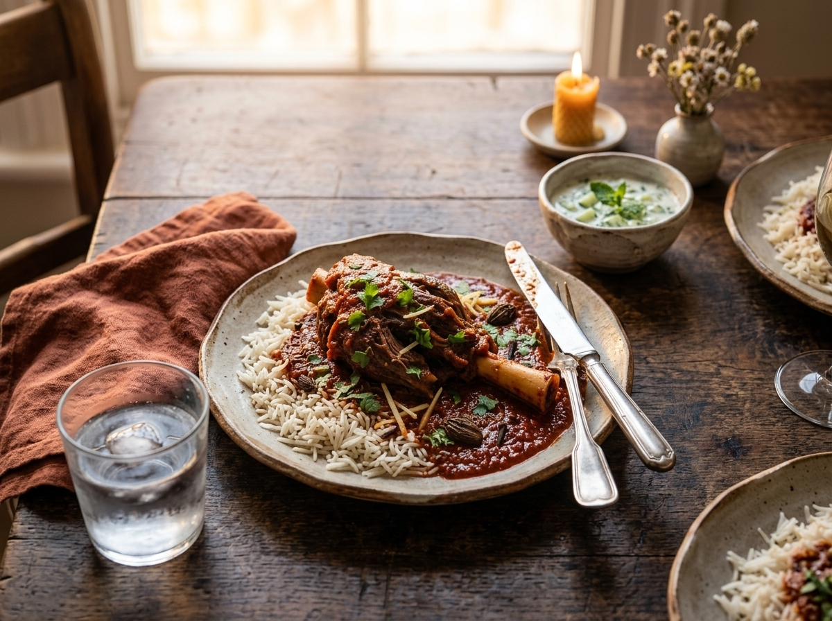 Plated lamb shank rogan josh with basmati rice and cucumber raita on a linen-draped table