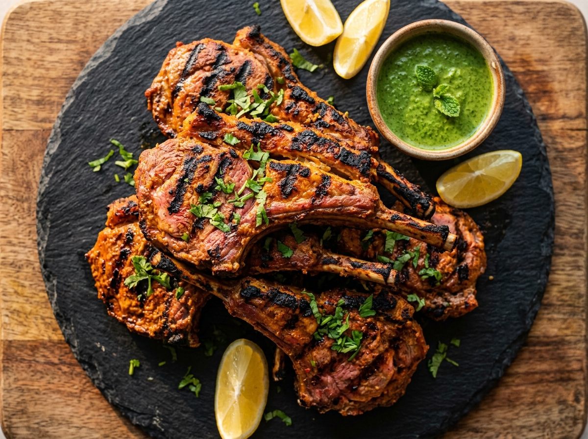 Charred tandoori grilled lamb cutlets on a slate plate with coriander, lemon wedges, and mint chutney on a wooden board