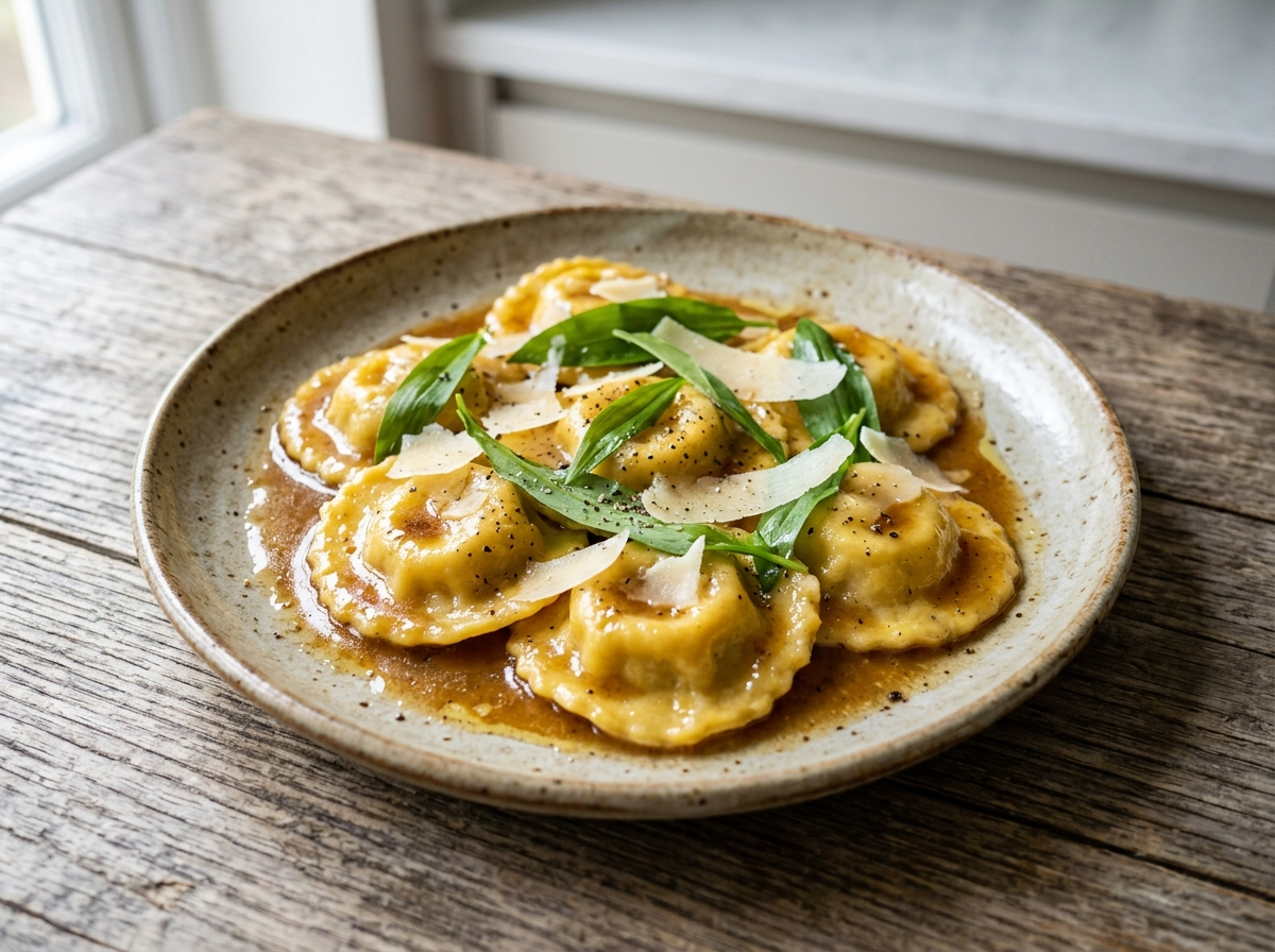 Overhead view of wild garlic and ricotta ravioli in browned butter, topped with shaved parmesan and raw wild garlic leaves