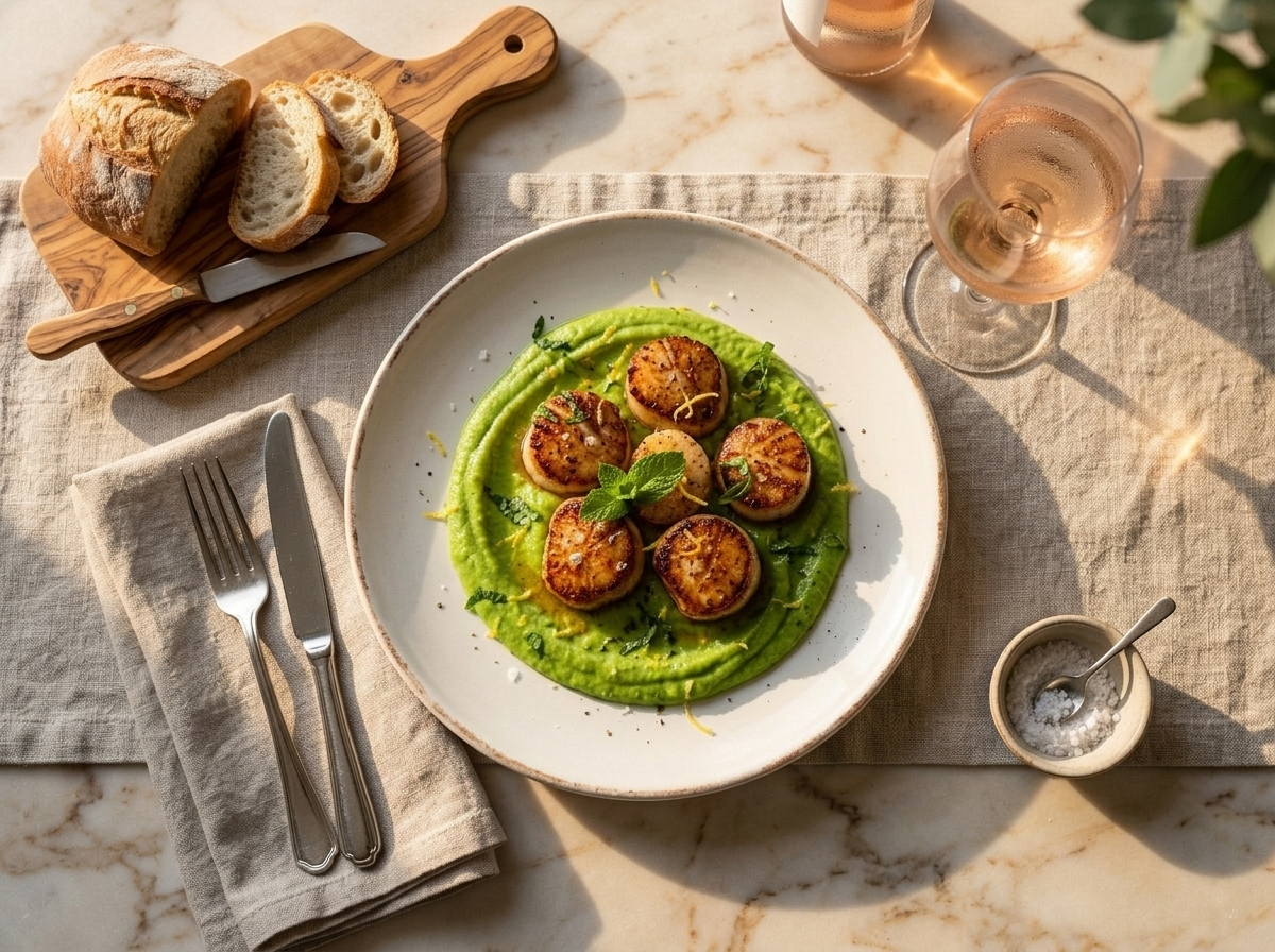 Plated pan seared scallops with pea puree served alongside crusty bread and a glass of rosé at dinner