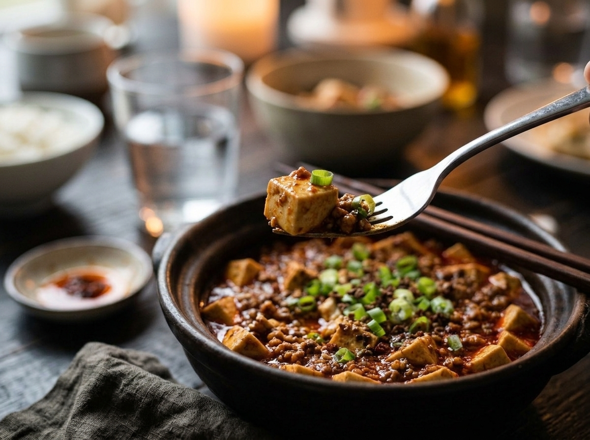 Dinner table setting with a bowl of mapo tofu with pork, steamed rice, chopsticks, and a linen napkin in warm light