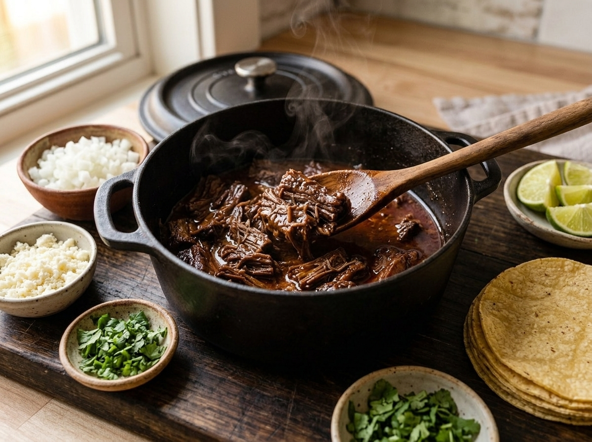 Shredded short rib being tossed in reduced chipotle-orange braising liquid inside a Dutch oven with a wooden spoon