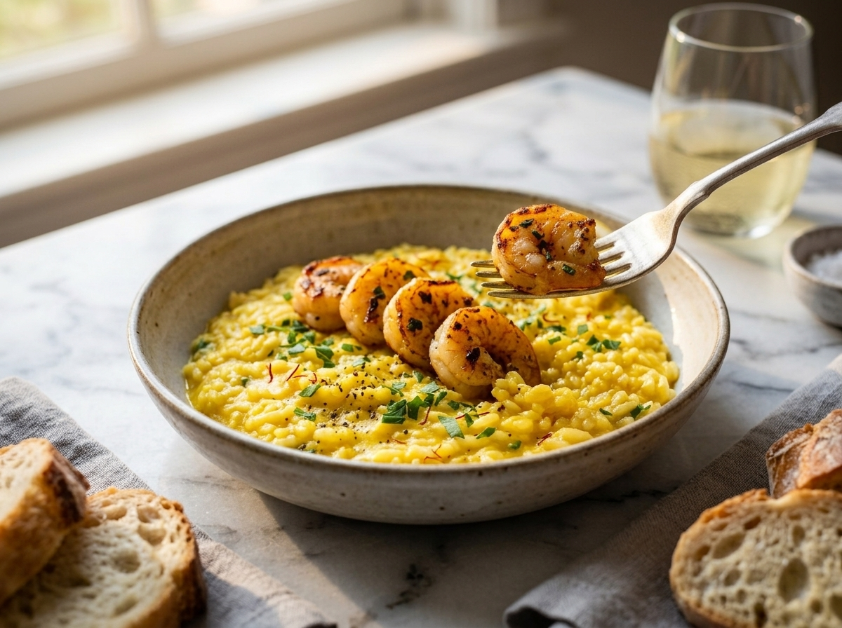 Plate of saffron risotto with seared prawns served alongside white wine and crusty bread on a marble table