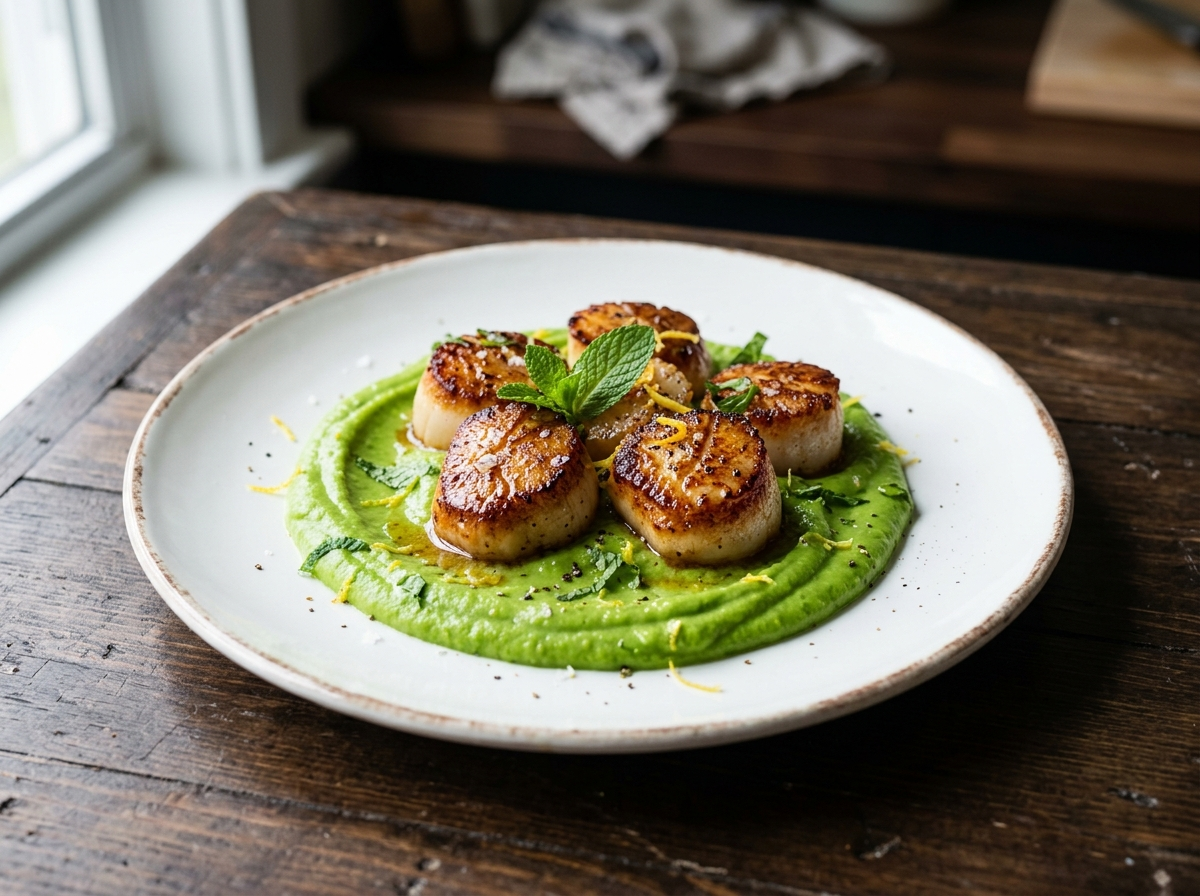 Golden pan seared scallops arranged over swirled pea puree with fresh mint and lemon zest on a white plate