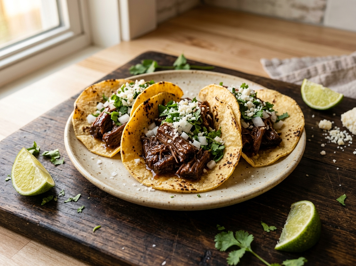 Slow braised short rib tacos on charred corn tortillas topped with onion, cilantro, and cotija on a wooden board