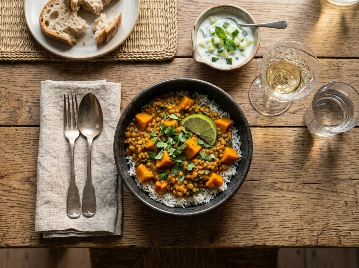 Plated lentil and sweet potato curry over rice with cucumber raita on the side at a linen-set table
