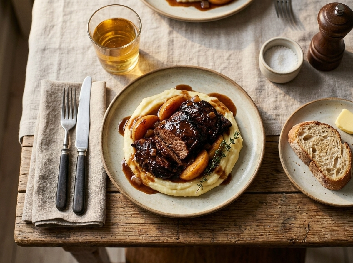 Plate of cider-braised pork cheeks over mashed potatoes with reduced sauce and a glass of dry cider