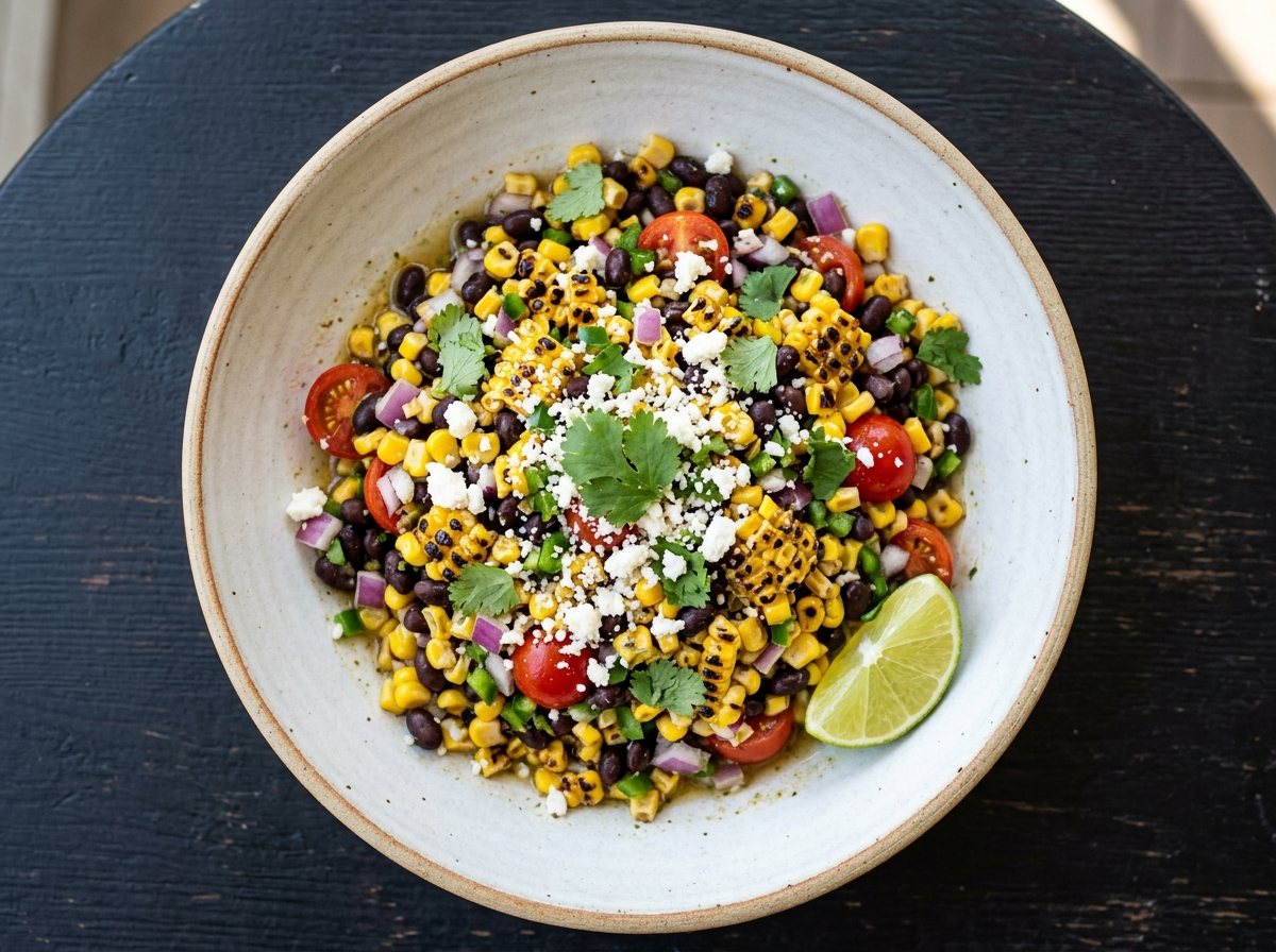 Overhead bowl of charred corn and black bean salad with cotija, cherry tomatoes, red onion, and fresh cilantro