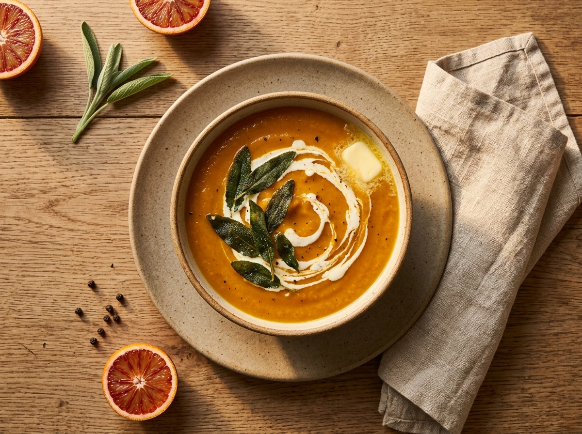 Bowl of roasted butternut and sage soup topped with crispy fried sage leaves and a cream swirl on a wooden table