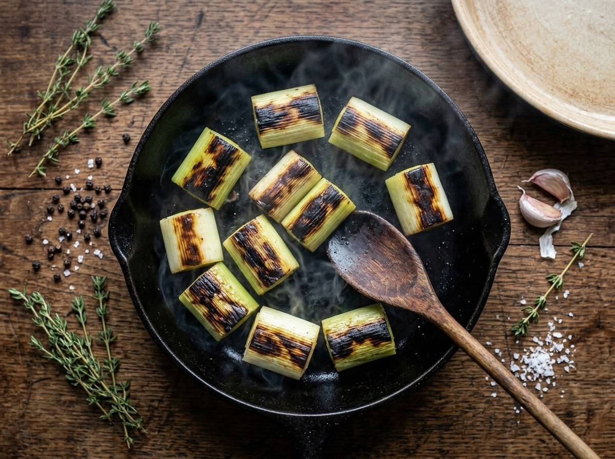 Leeks charring cut-side down in a cast iron skillet with blackened edges before going into the potato gratin