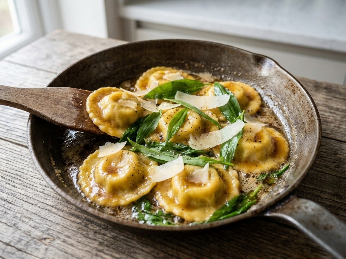 Hands sealing homemade ravioli squares filled with ricotta and chopped wild garlic on a flour-dusted board